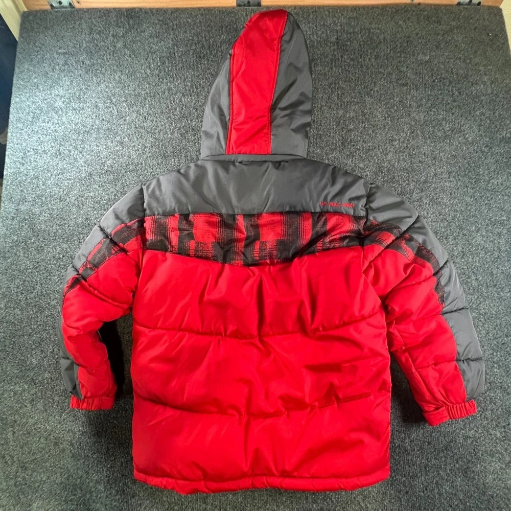 US Polo Assn Puffer Jacket Boys M 10\12 Red Black Hooded Fleece‎ Lined Pony Logo